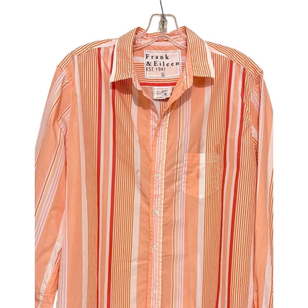 Frank & Eileen Eileen Italian Cotton Button Front Shirt L Pink Orange Stripe - Picture 4 of 7